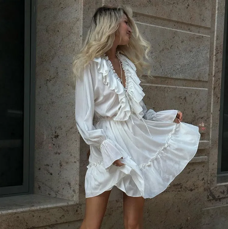 KKBOXLY Cross-border V-neck dress women's New autumn new flared sleeve dress 2025 style short chiffon dress
