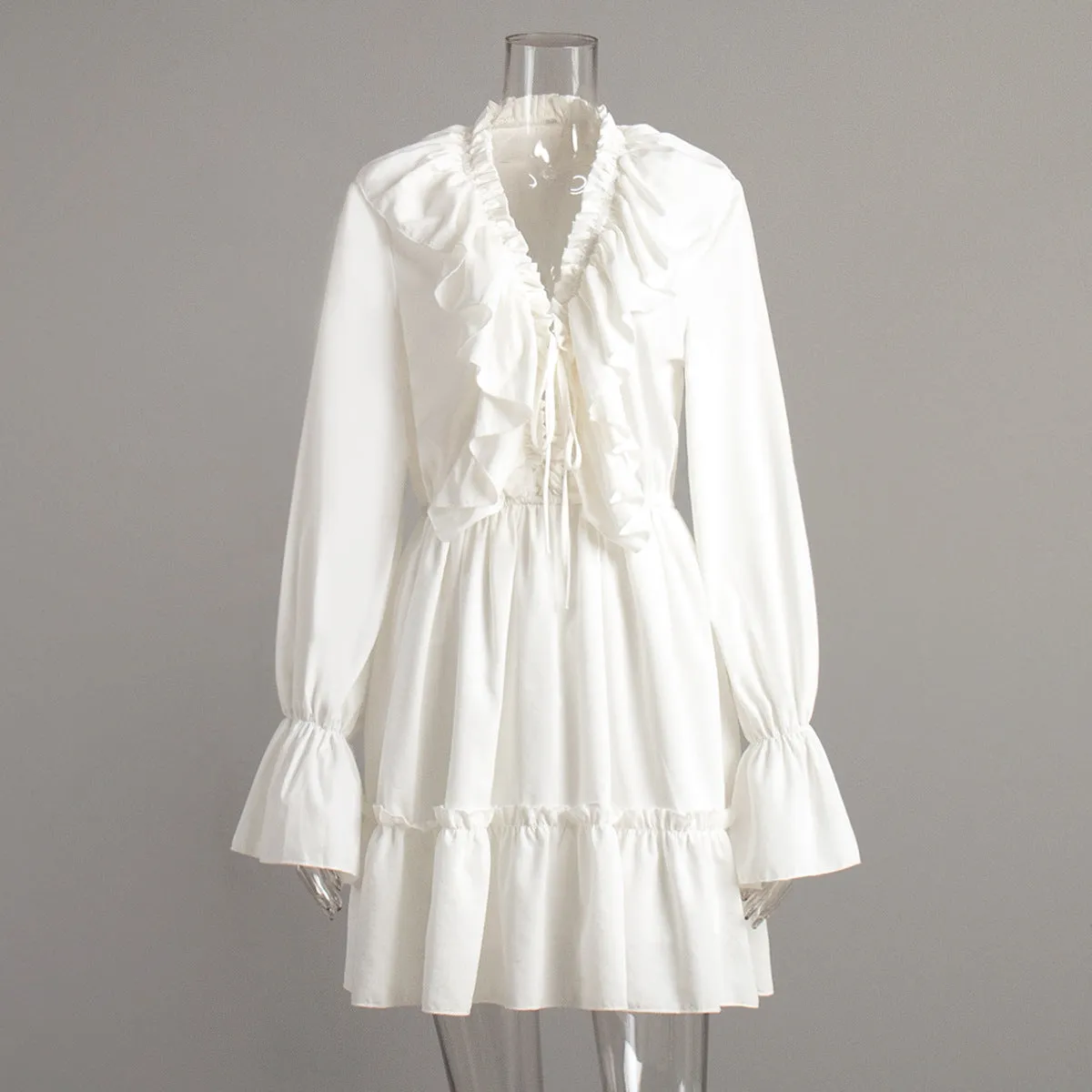 KKBOXLY Cross-border V-neck dress women's New autumn new flared sleeve dress 2025 style short chiffon dress