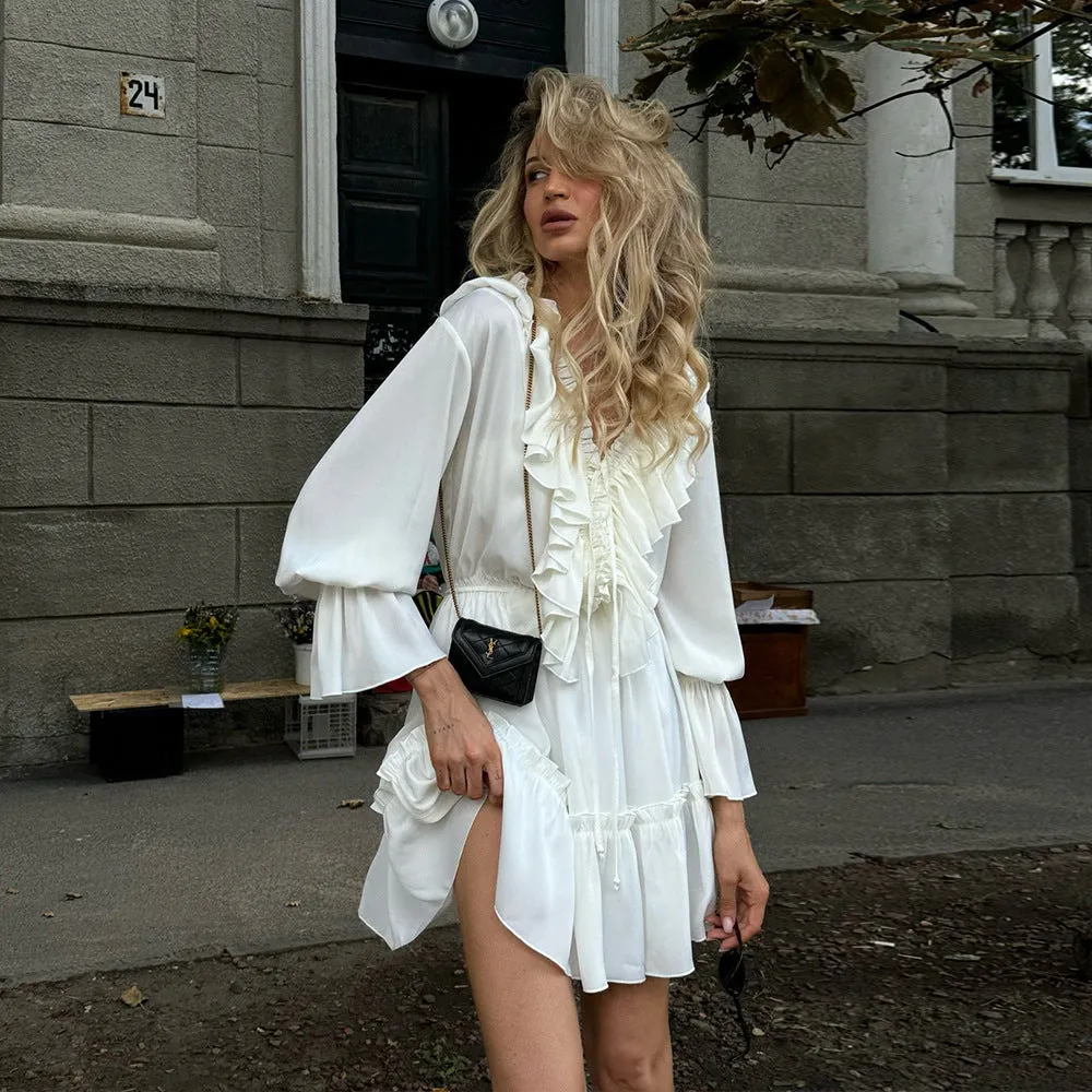 KKBOXLY Cross-border V-neck dress women's New autumn new flared sleeve dress 2025 style short chiffon dress