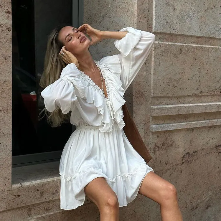KKBOXLY Cross-border V-neck dress women's New autumn new flared sleeve dress 2025 style short chiffon dress