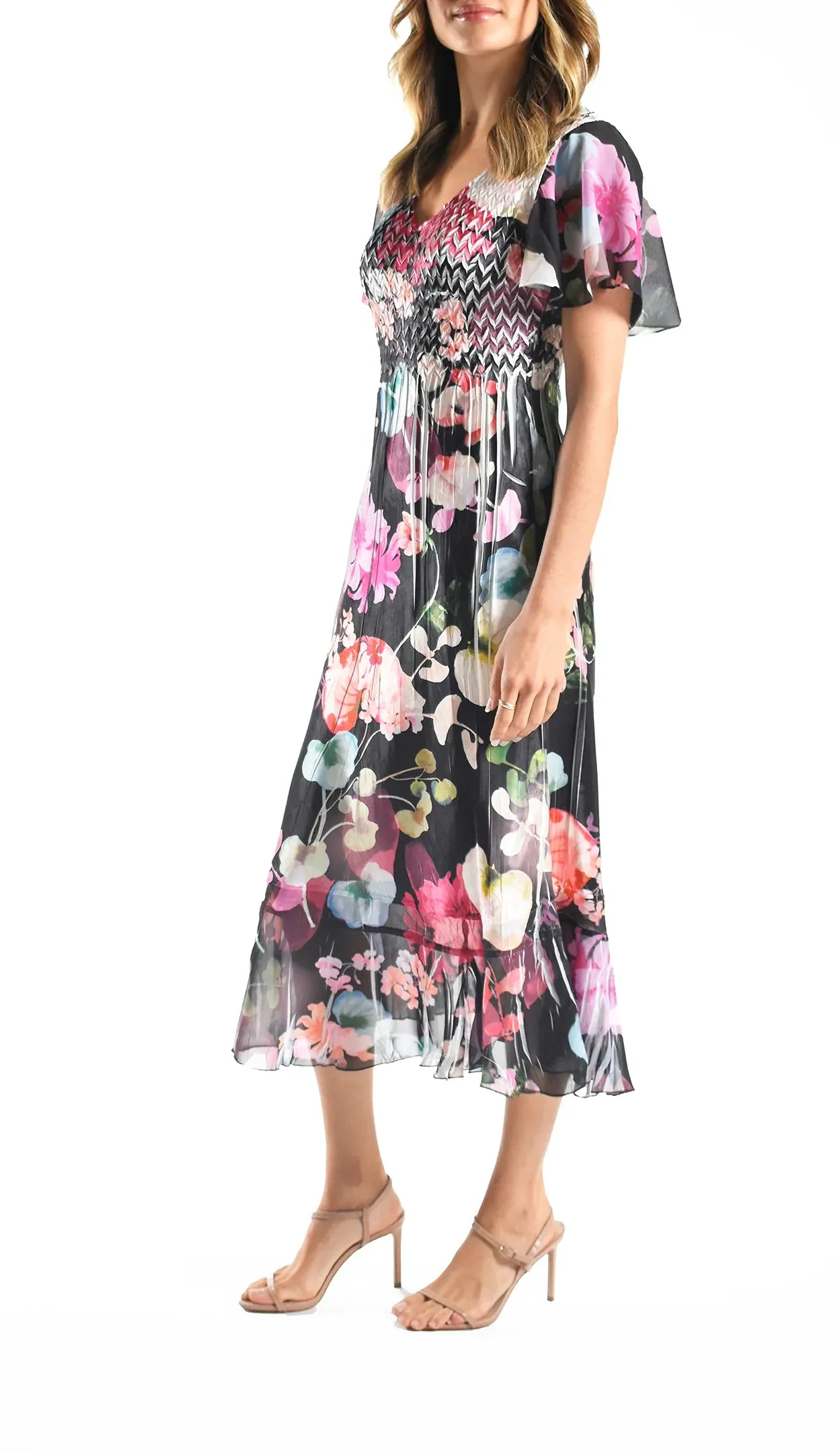 Komarov Charmeuse Dress with Chiffon Flutter Sleeve