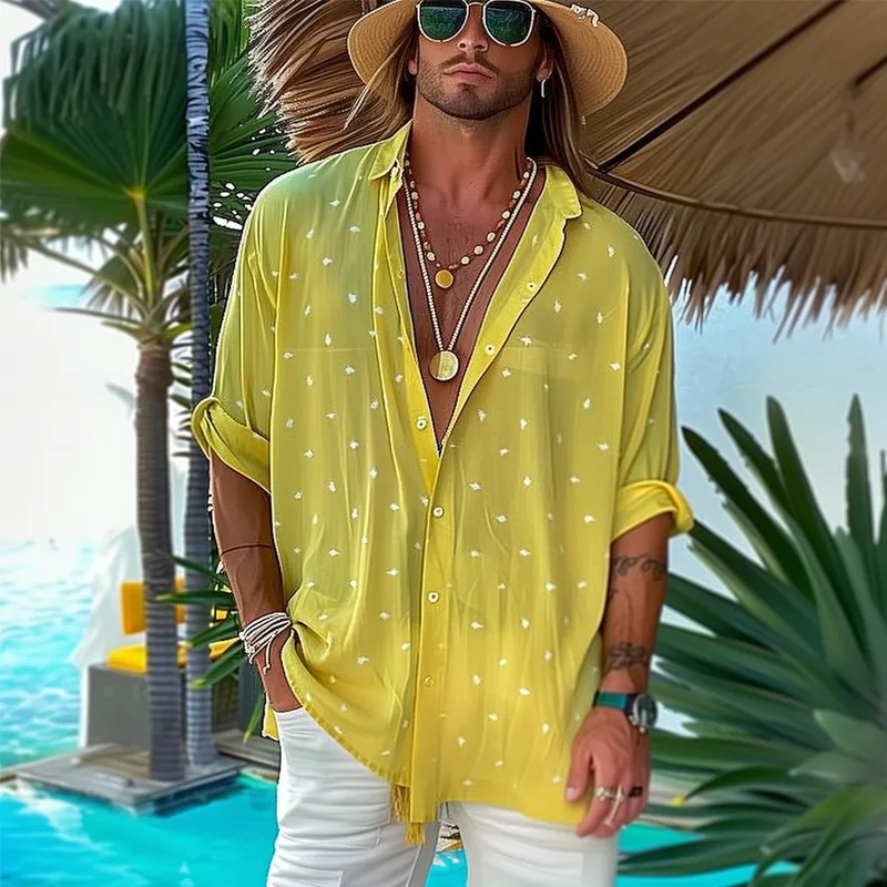 Men's Dot Print Chiffon Lapel Long Sleeve Casual Shirt