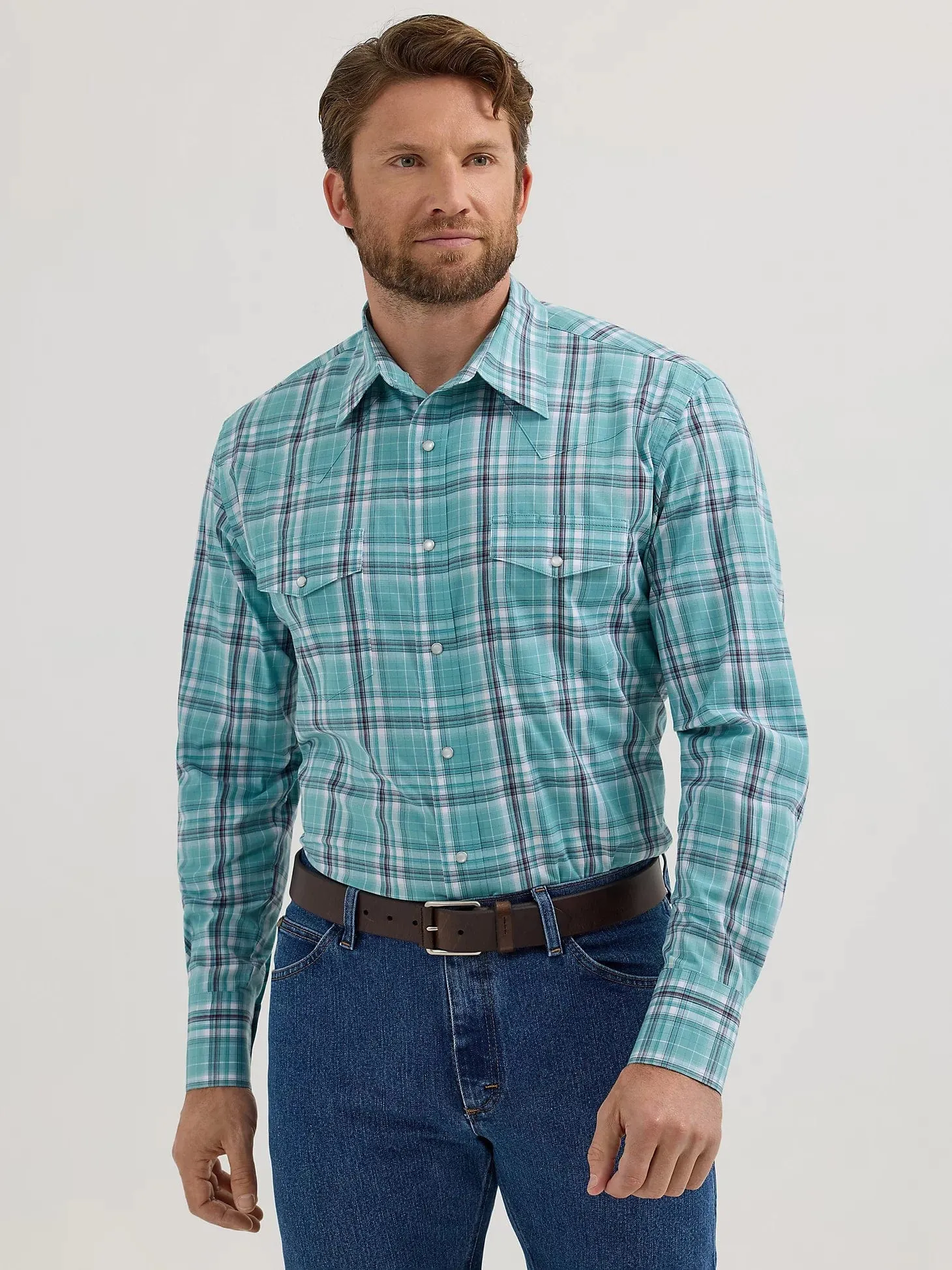 MENS GREEN PLAID WRANGLER WRINKLE RESIST LS SHIRT