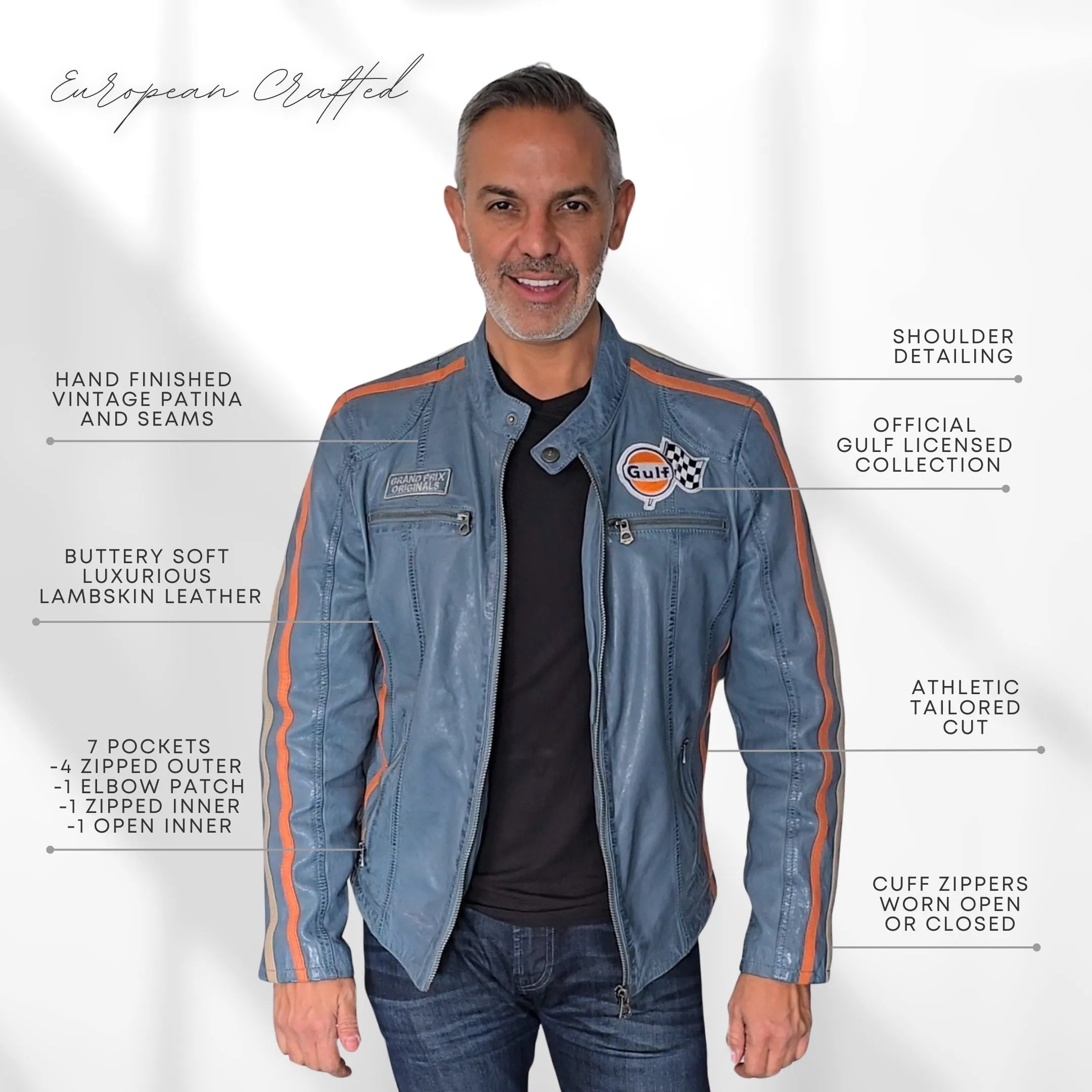 Men's Gulf Lambskin Leather Racing Jacket in Vintage Gulf Blue