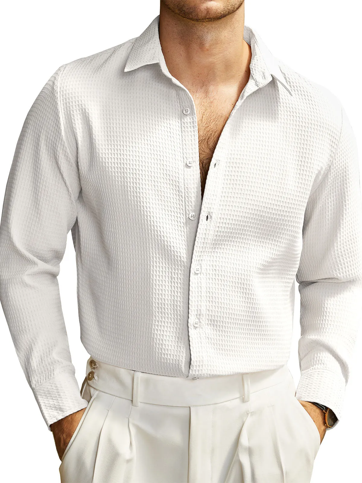 Men's Textured Waffle Casual Button Long Sleeve Dress Shirts