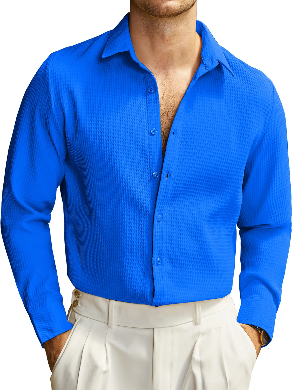 Men's Textured Waffle Casual Button Long Sleeve Dress Shirts
