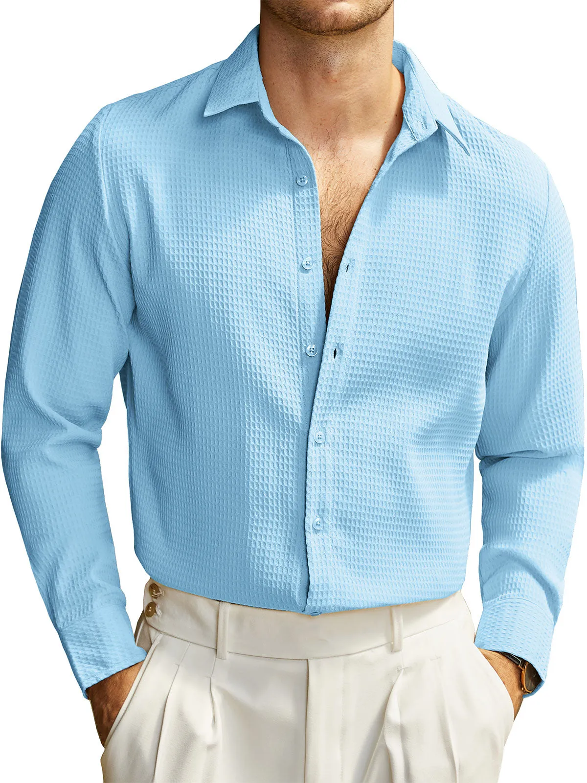 Men's Textured Waffle Casual Button Long Sleeve Dress Shirts