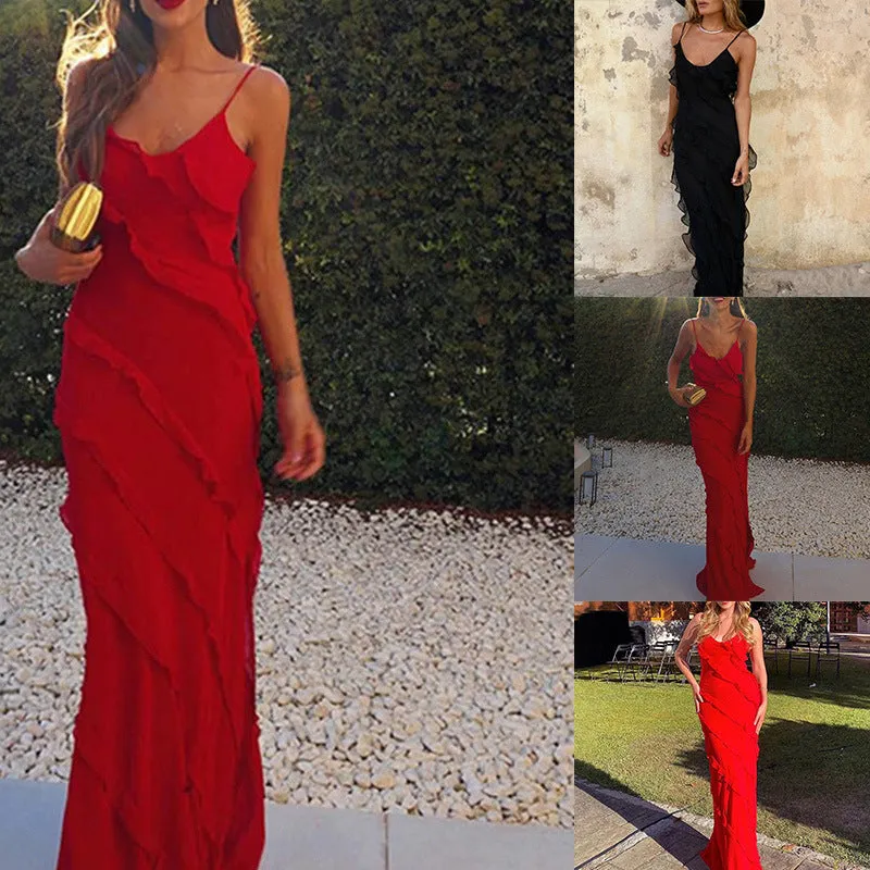 MOMENTLOVER New  Autumn Women's Chiffon Sexy Long Dress Halter Wave Slim Slits Suspender Dress 661