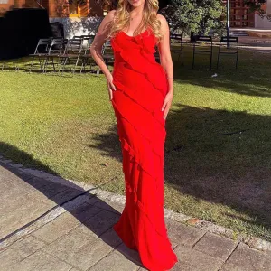 MOMENTLOVER New  Autumn Women's Chiffon Sexy Long Dress Halter Wave Slim Slits Suspender Dress 661