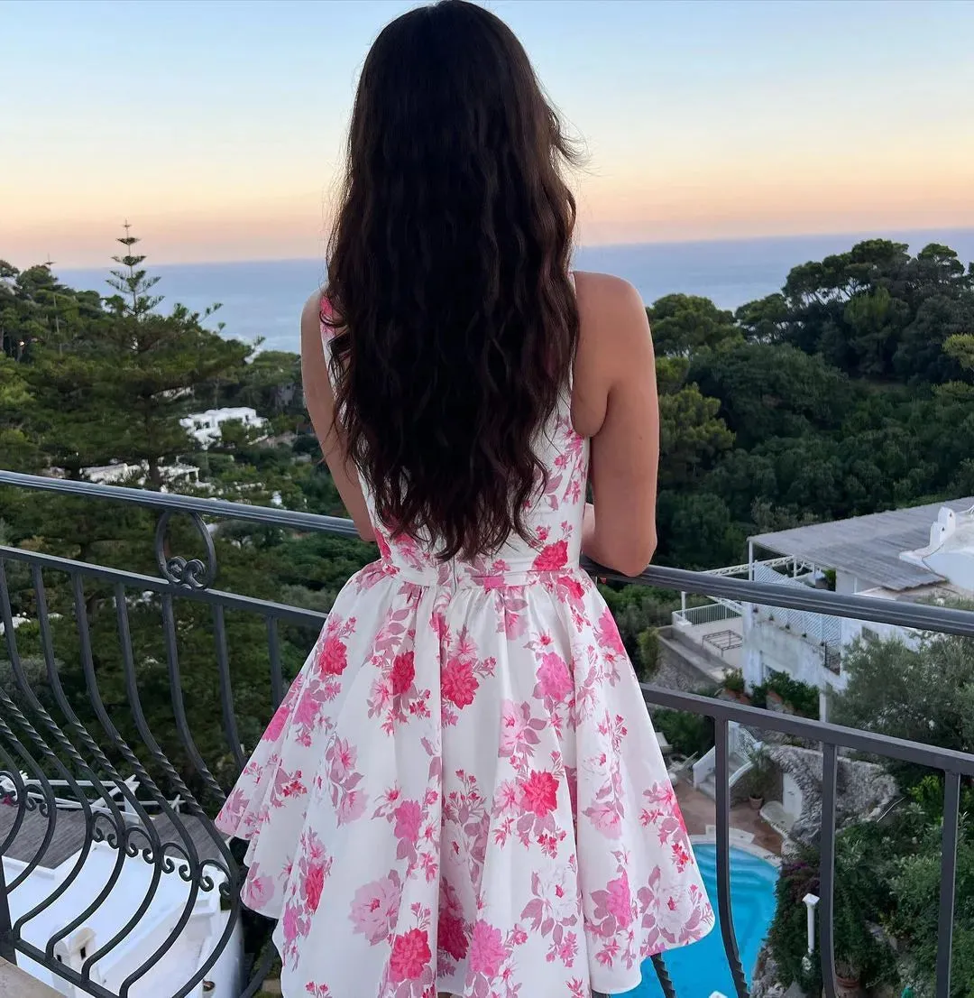 New Women's Cross border Foreign Trade European and American Women's Sexy Slim Fit Waist Dress Fragmented Flower Rose Print Sling Dress