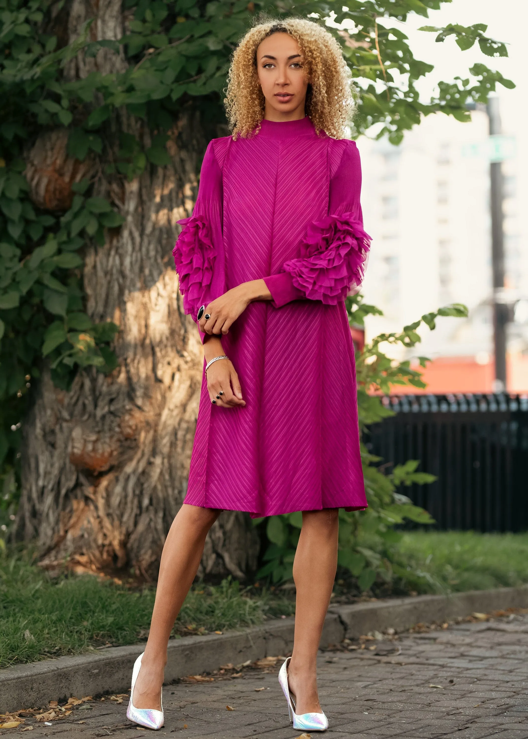 Petal Sleeve Mock Neck Dress
