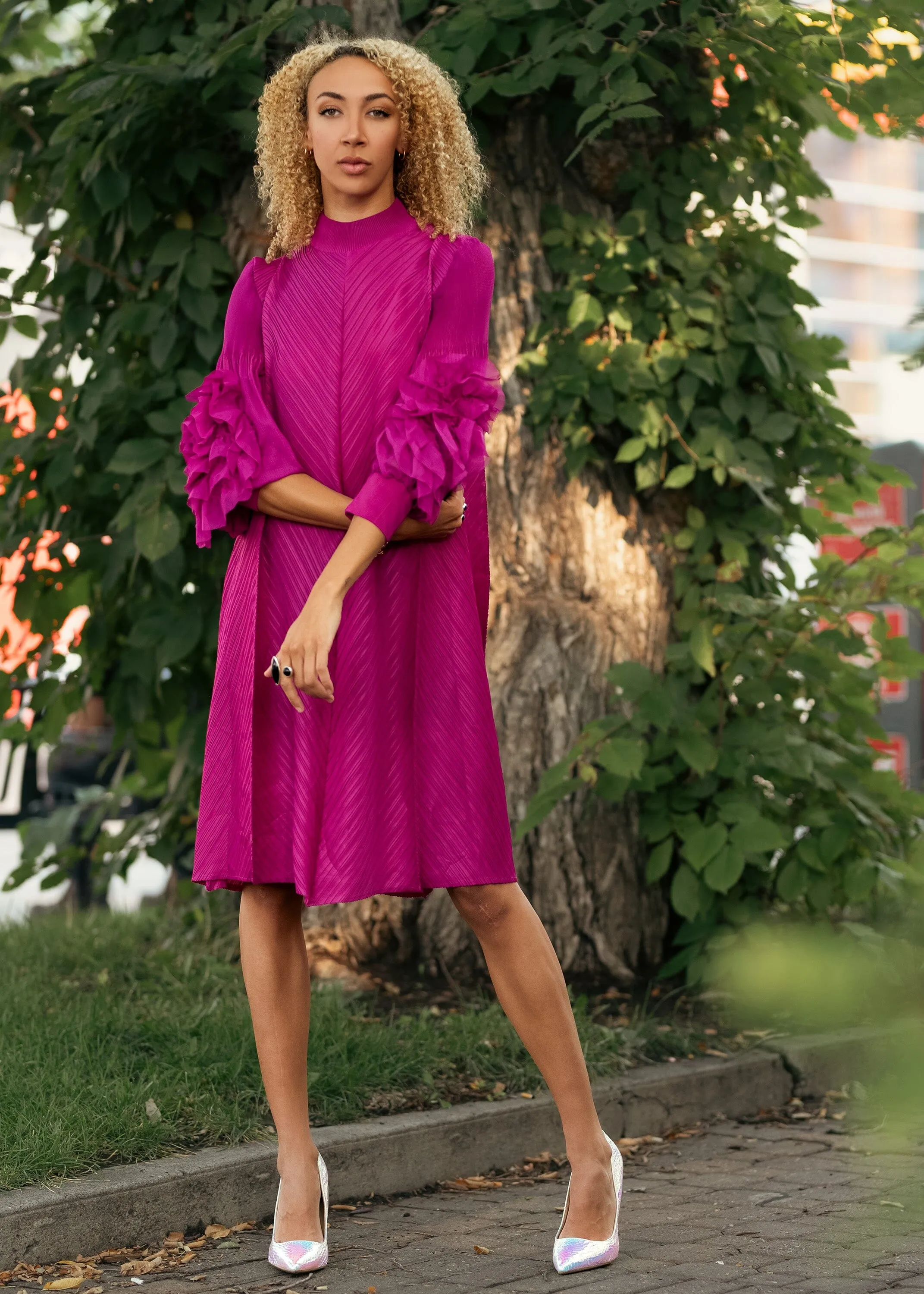 Petal Sleeve Mock Neck Dress