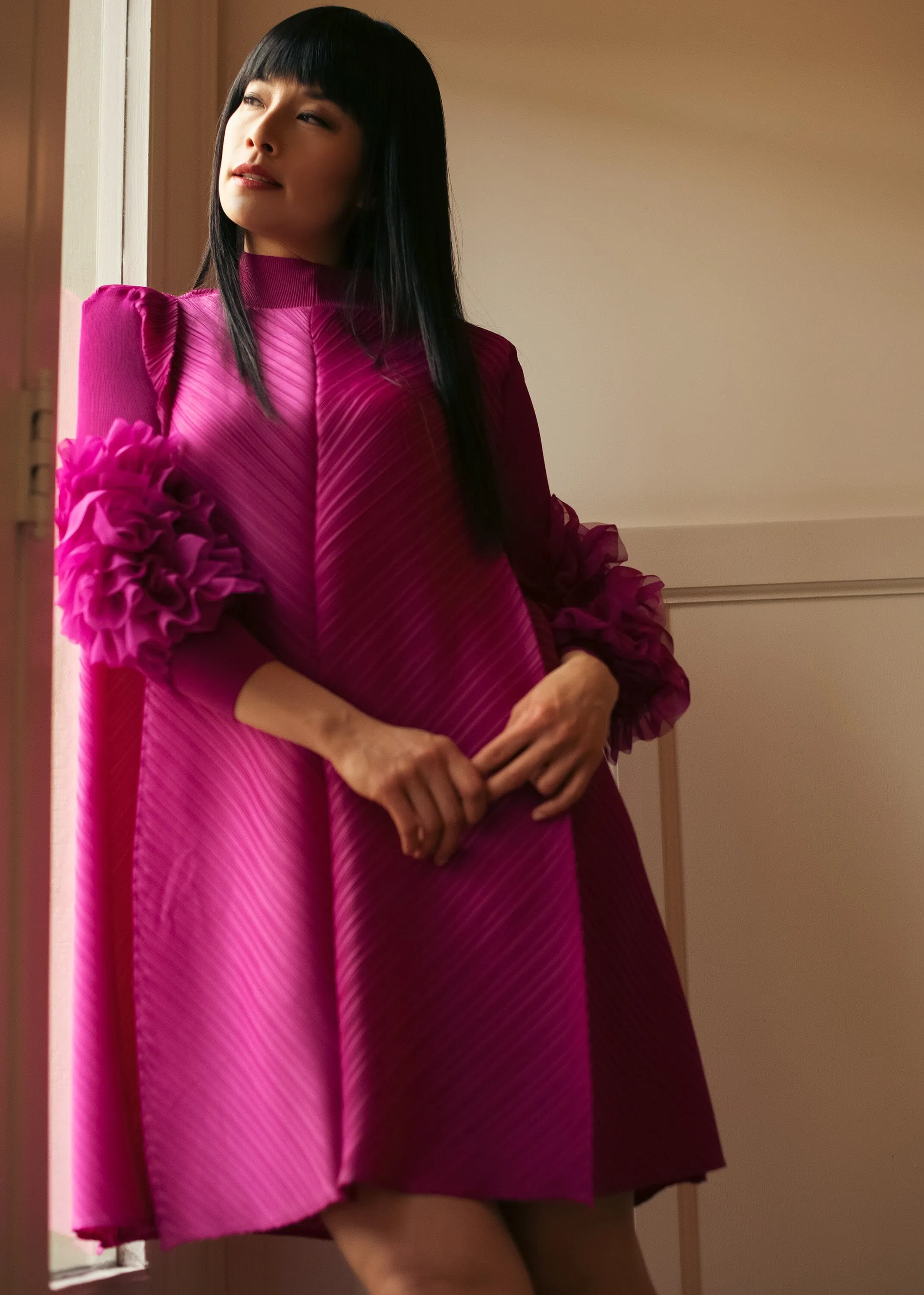 Petal Sleeve Mock Neck Dress