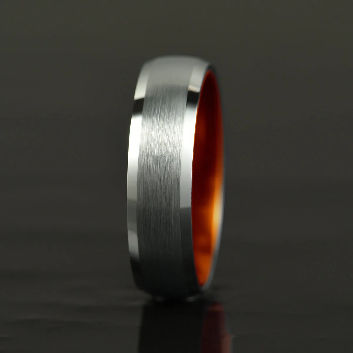 Pristine Passion Orange Interior Silver Tungsten Wedding Band 8MM