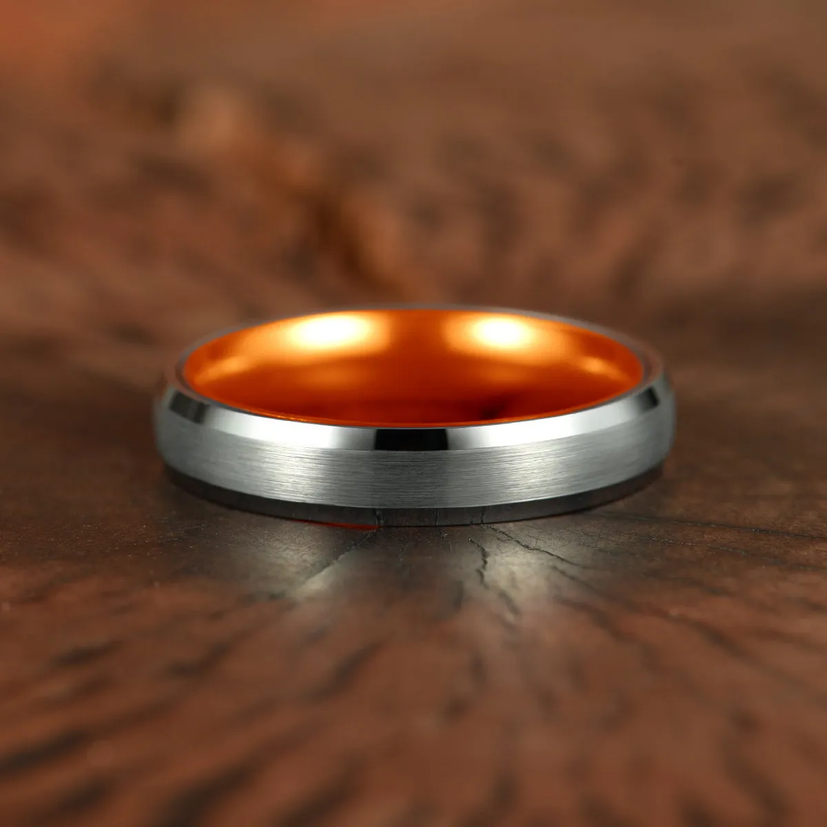 Pristine Passion Orange Interior Silver Tungsten Wedding Band 8MM
