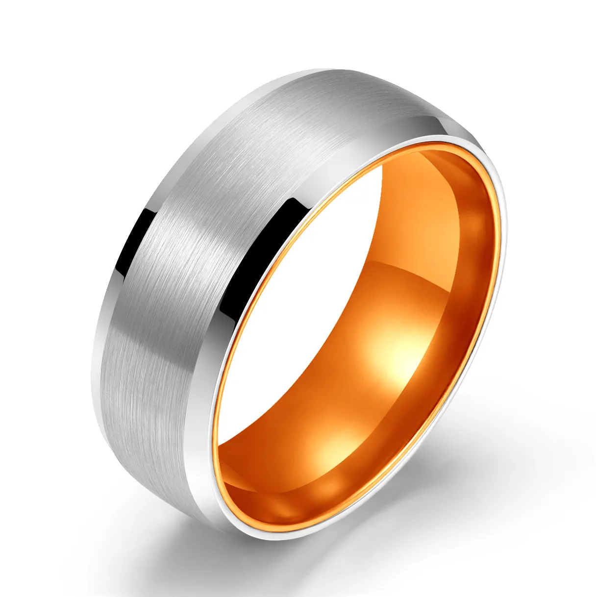 Pristine Passion Orange Interior Silver Tungsten Wedding Band 8MM
