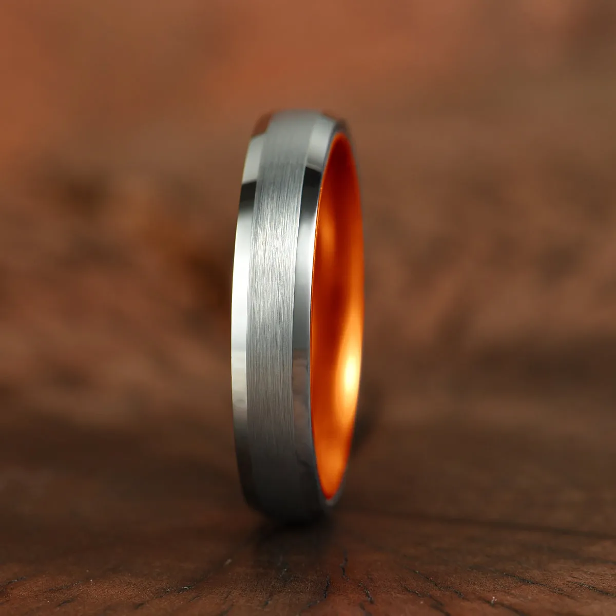 Pristine Passion Orange Interior Silver Tungsten Wedding Band 8MM