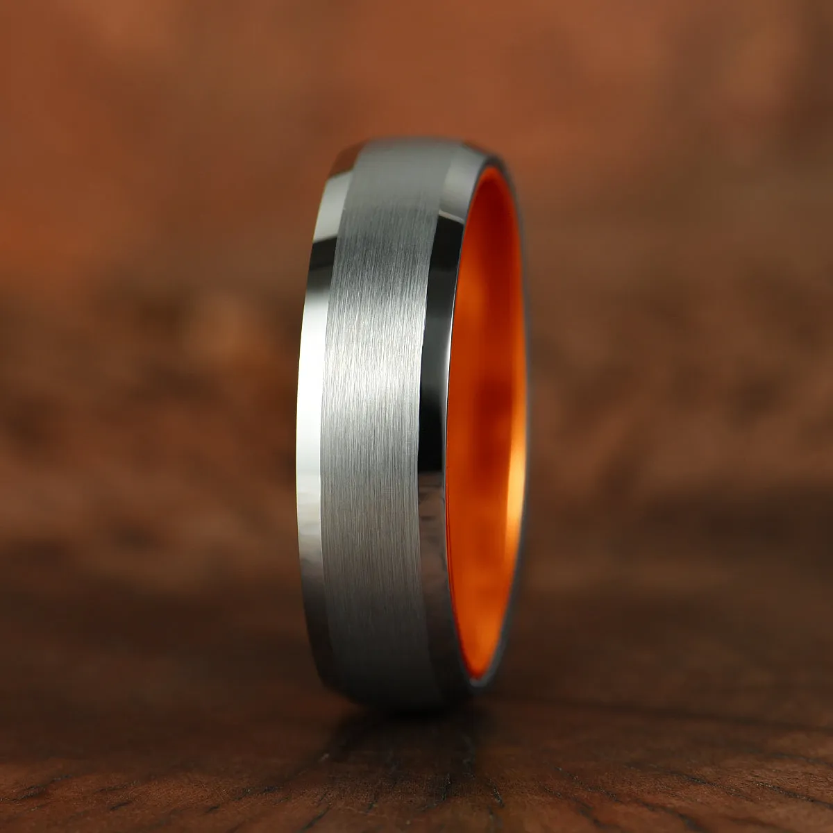 Pristine Passion Orange Interior Silver Tungsten Wedding Band 8MM