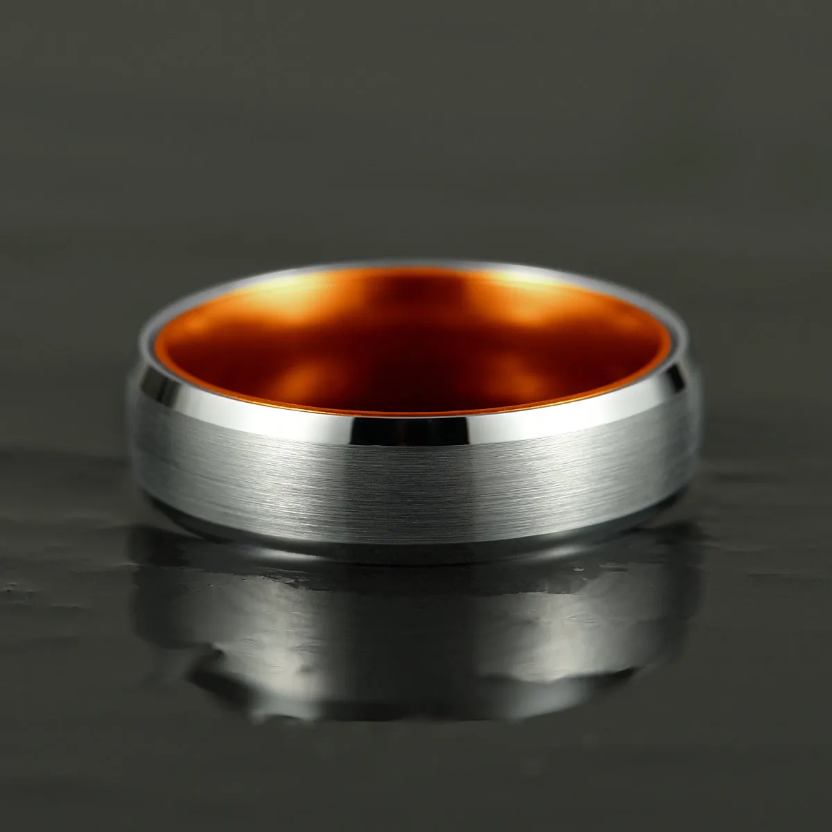 Pristine Passion Orange Interior Silver Tungsten Wedding Band 8MM