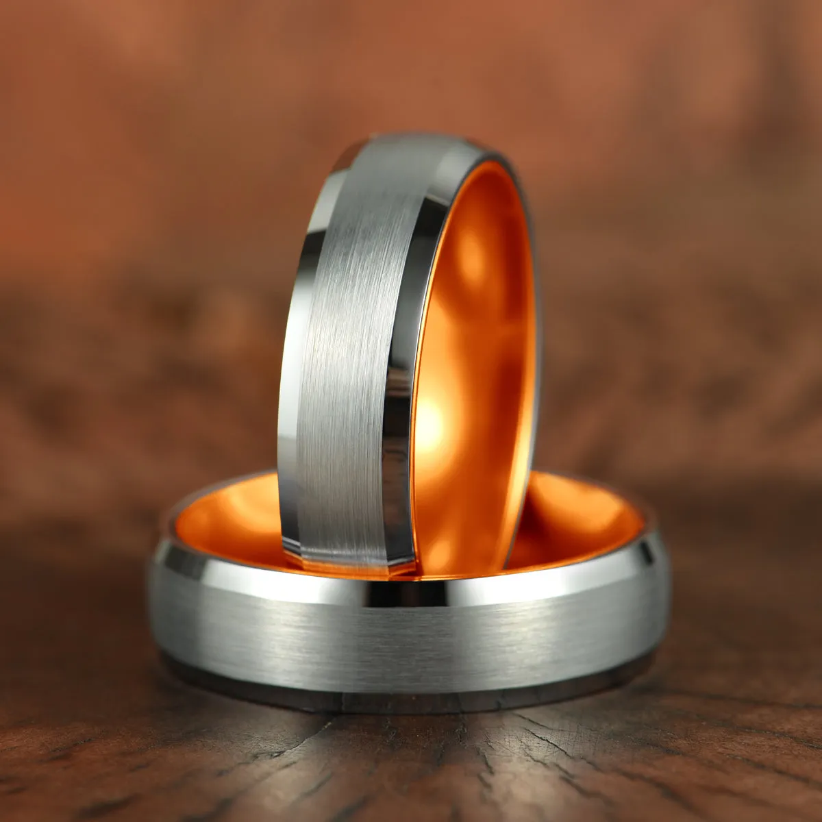 Pristine Passion Orange Interior Silver Tungsten Wedding Band 8MM