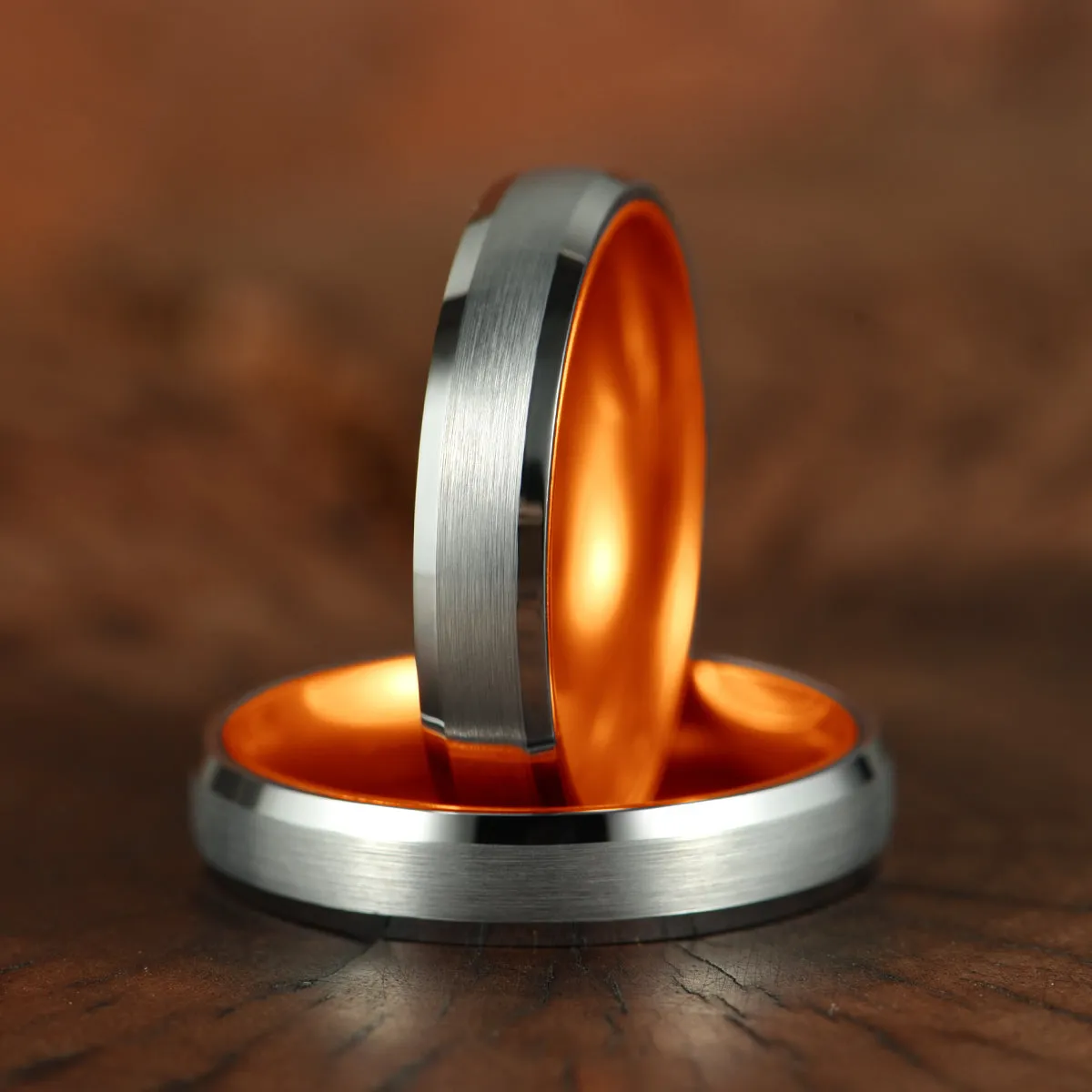 Pristine Passion Orange Interior Silver Tungsten Wedding Band 8MM