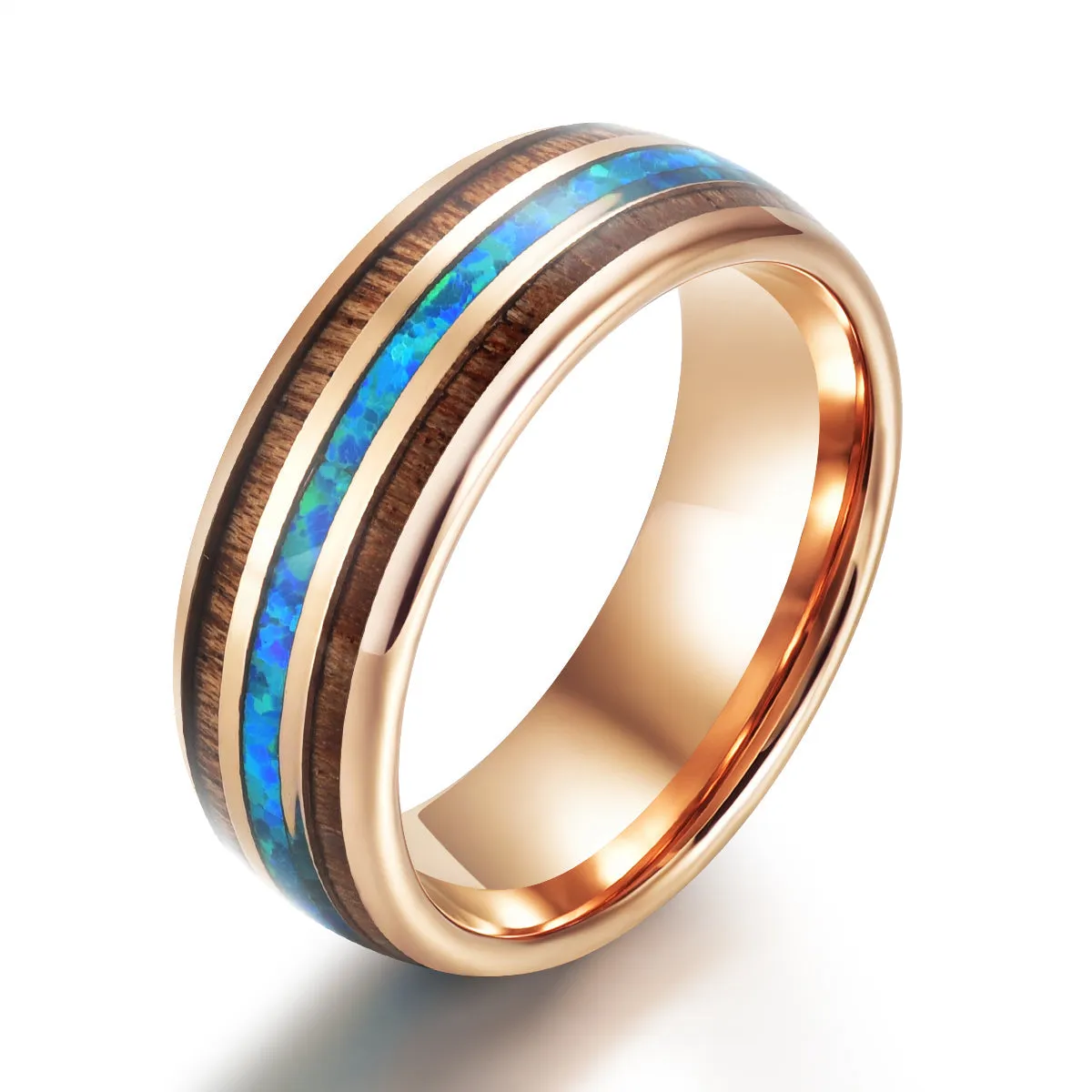 Rose Tungsten Koa Wood Opal Men's Wedding Band 8MM