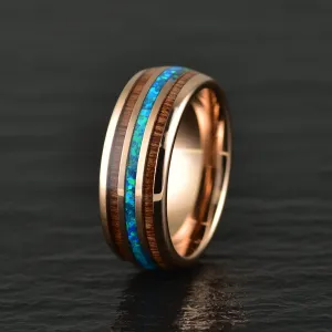 Rose Tungsten Koa Wood Opal Men's Wedding Band 8MM