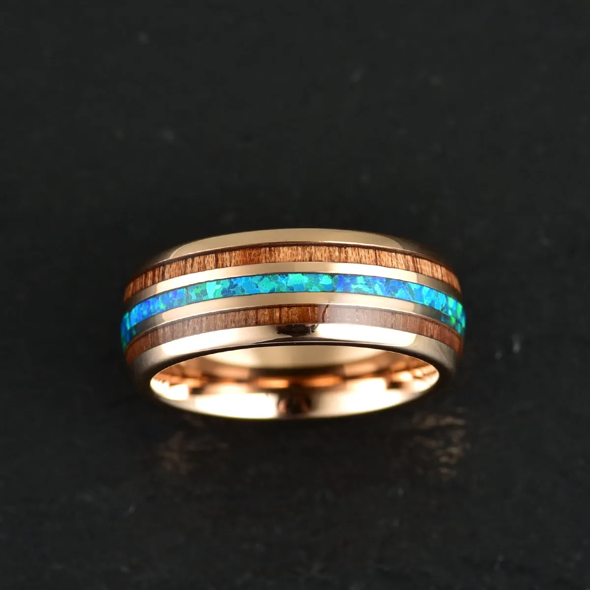 Rose Tungsten Koa Wood Opal Men's Wedding Band 8MM