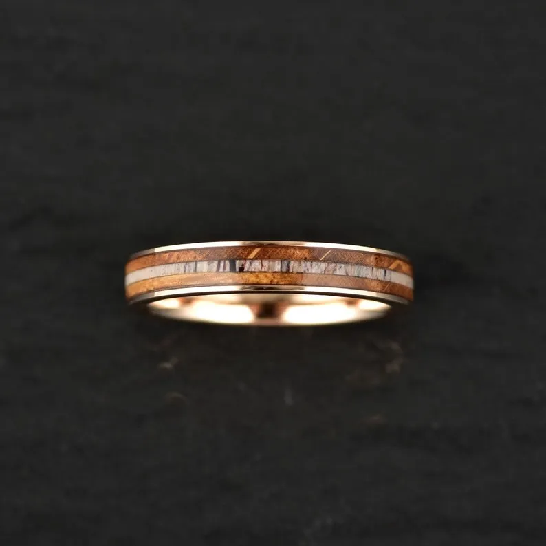 Rustic Rose Ring - Rose Tungsten Whiskey Barrel Antler Women's Wedding Band 4MM
