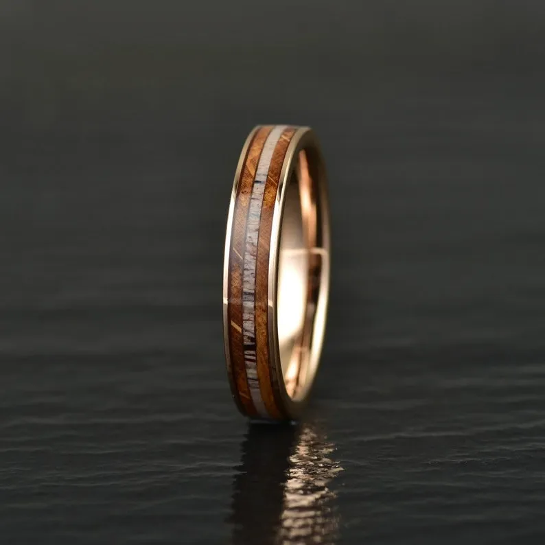 Rustic Rose Ring - Rose Tungsten Whiskey Barrel Antler Women's Wedding Band 4MM