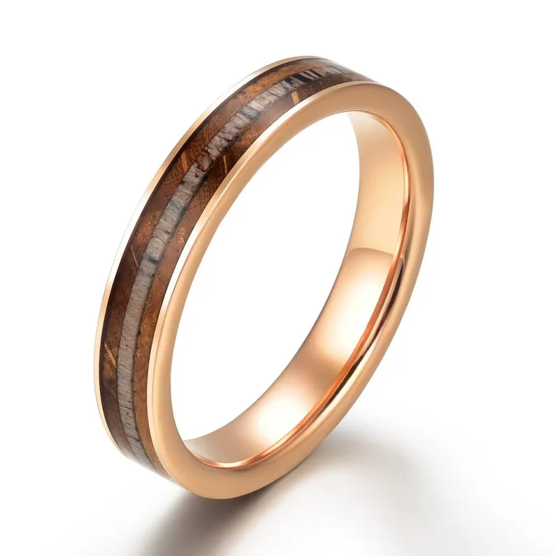 Rustic Rose Ring - Rose Tungsten Whiskey Barrel Antler Women's Wedding Band 4MM