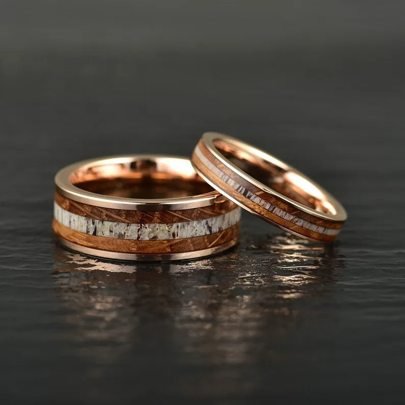 Rustic Rose Ring - Rose Tungsten Whiskey Barrel Antler Women's Wedding Band 4MM