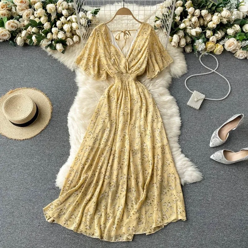 Seaside Holiday Dress Summer 2025 New Sexy V-neck Tight Waist Slimming Long Chiffon Floral Beach Dress