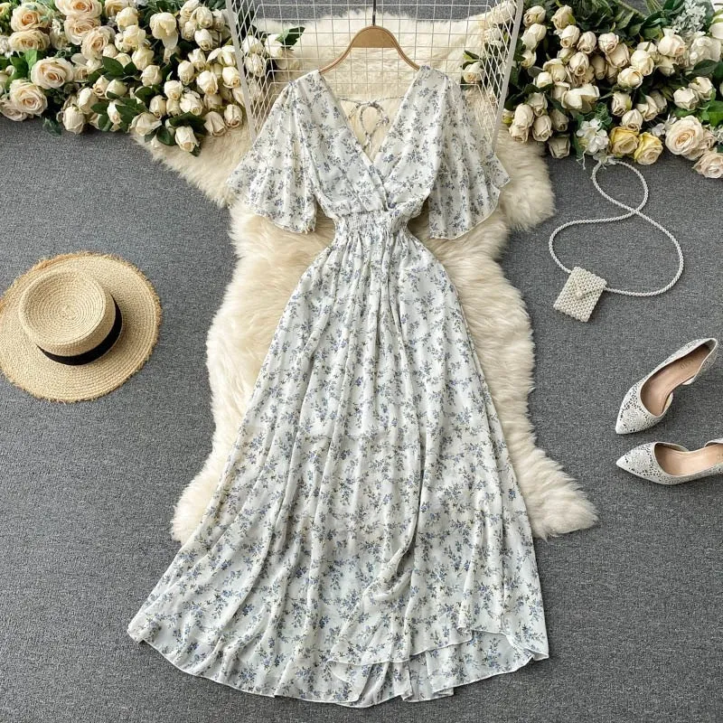 Seaside Holiday Dress Summer 2025 New Sexy V-neck Tight Waist Slimming Long Chiffon Floral Beach Dress