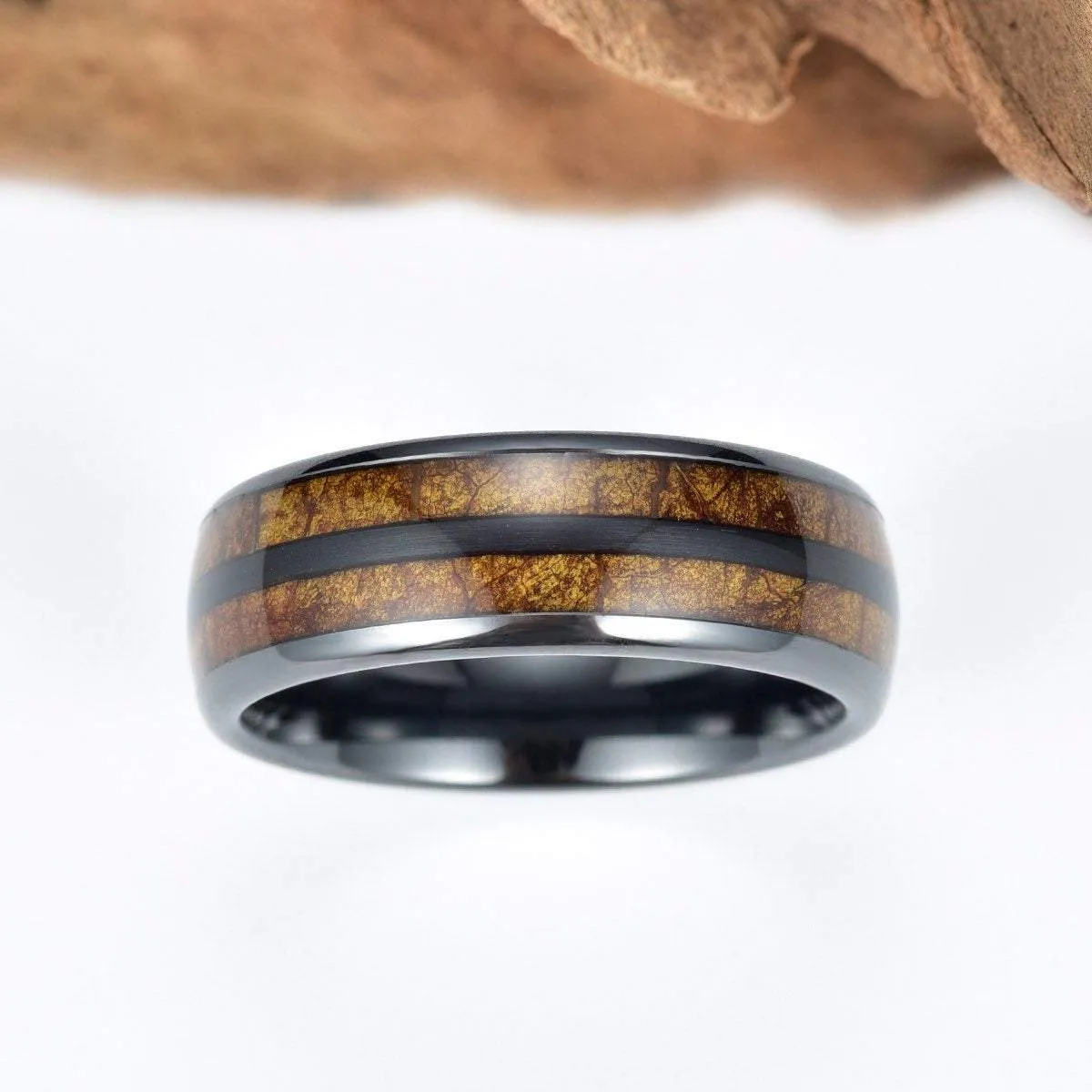 Smokey Joe - Tobacco Leaf Mens Wedding Band Black Ceramic Wedding Ring Mens Ring 8mm