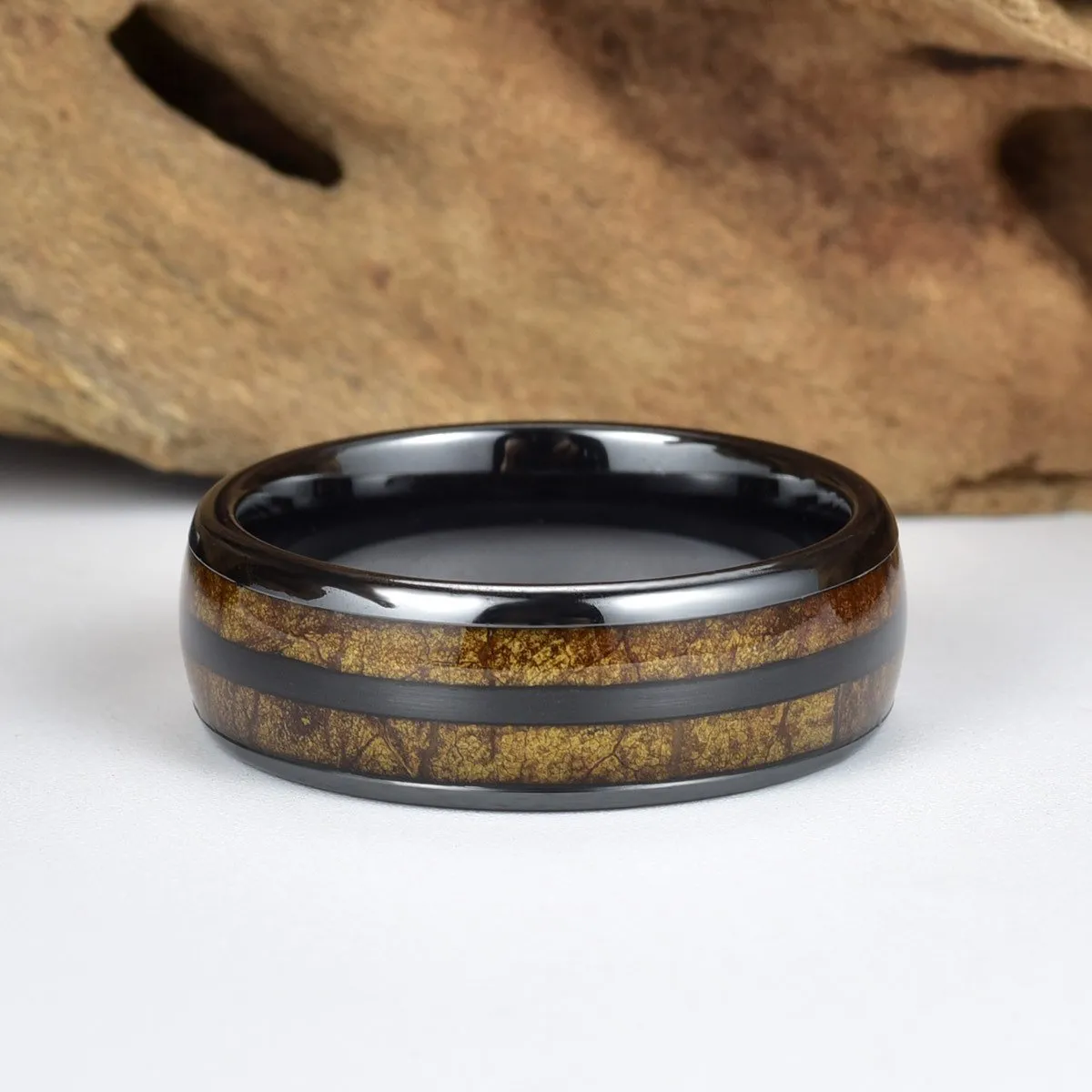 Smokey Joe - Tobacco Leaf Mens Wedding Band Black Ceramic Wedding Ring Mens Ring 8mm
