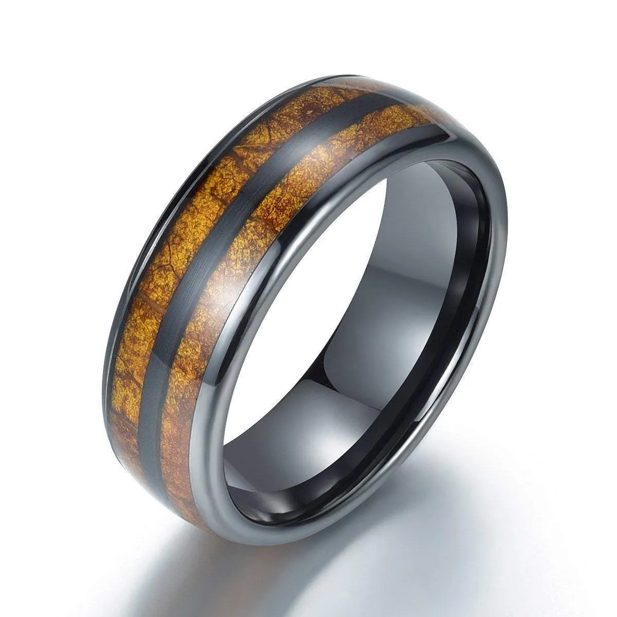 Smokey Joe - Tobacco Leaf Mens Wedding Band Black Ceramic Wedding Ring Mens Ring 8mm