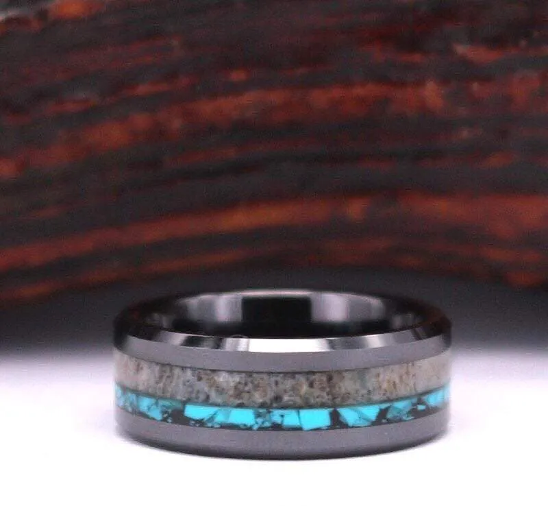Stag & Stone - Deer Antler Turquoise Black Tungsten Men's Wedding Band 8MM