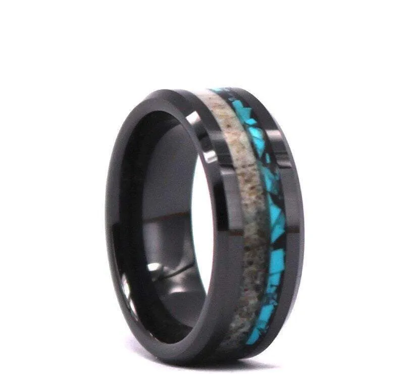 Stag & Stone - Deer Antler Turquoise Black Tungsten Men's Wedding Band 8MM