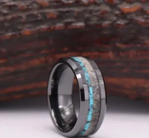 Stag & Stone - Deer Antler Turquoise Black Tungsten Men's Wedding Band 8MM