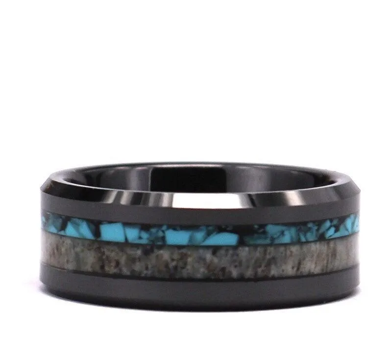 Stag & Stone - Deer Antler Turquoise Black Tungsten Men's Wedding Band 8MM