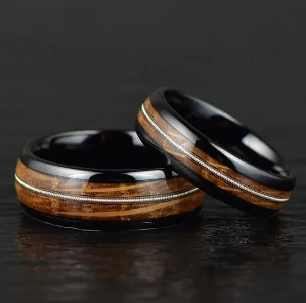 Strum & Barrel - Whiskey Barrel Wood Guitar String Black Ceramic Men's Wedding Band 8MM