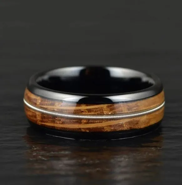 Strum & Barrel - Whiskey Barrel Wood Guitar String Black Ceramic Men's Wedding Band 8MM