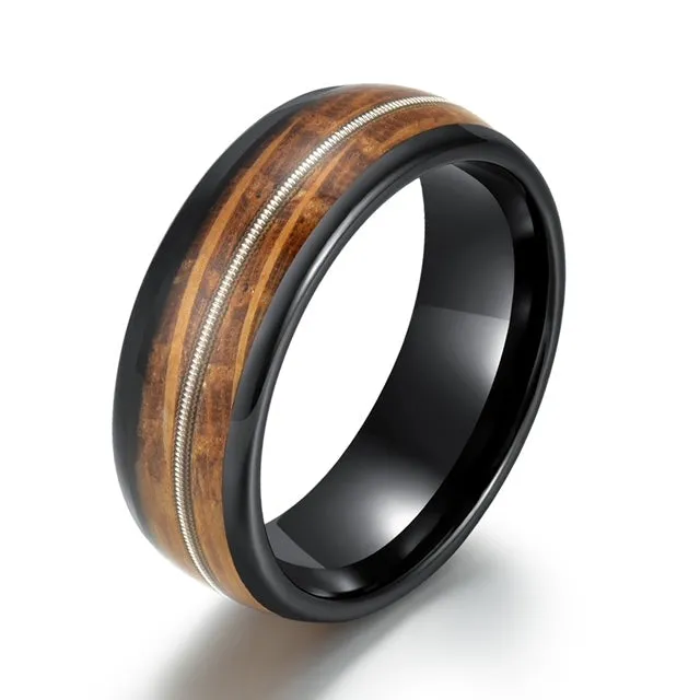 Strum & Barrel - Whiskey Barrel Wood Guitar String Black Ceramic Men's Wedding Band 8MM