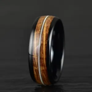 Strum & Barrel - Whiskey Barrel Wood Guitar String Black Ceramic Men's Wedding Band 8MM