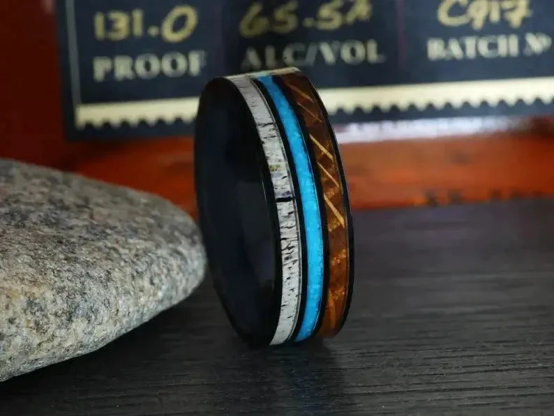 The Antler | Men's Ceramic Ring with Whiskey Barrel & Turquoise