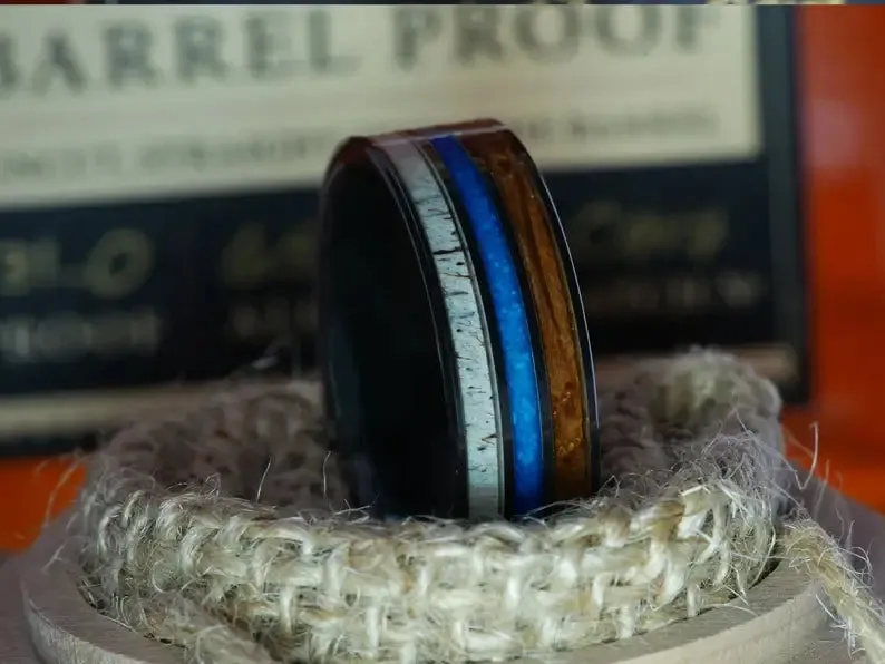 The Antler | Men's Ceramic Ring with Whiskey Barrel & Turquoise