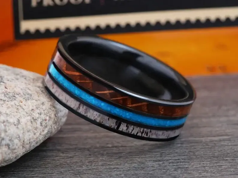 The Antler | Men's Ceramic Ring with Whiskey Barrel & Turquoise