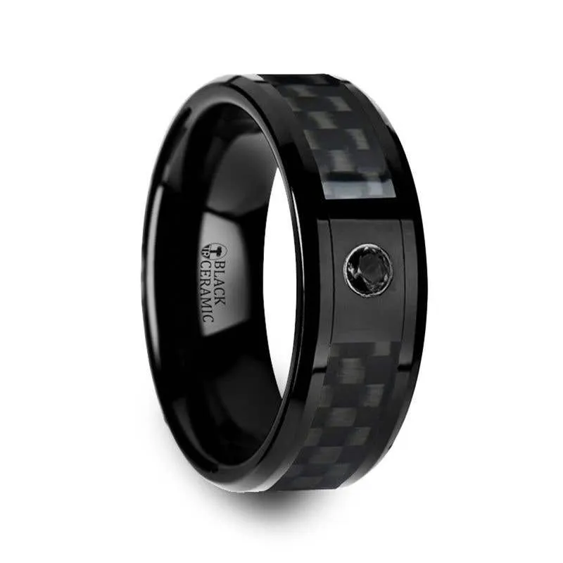 Thorsten ABERDEEN Black Ceramic Ring with Black Diamond Wedding Band and Black Carbon Fiber Inlay - 8mm