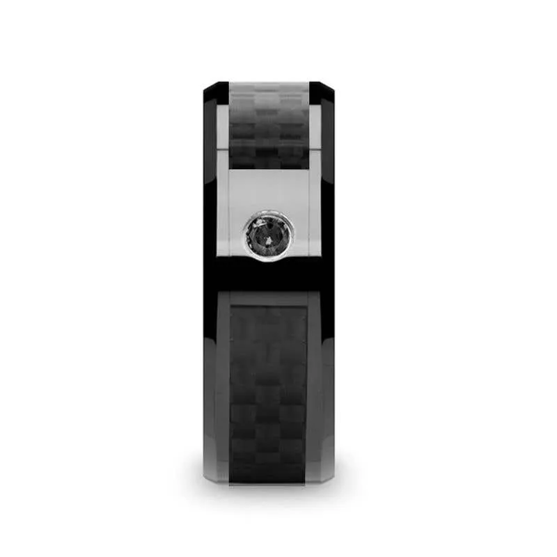 Thorsten ABERDEEN Black Ceramic Ring with Black Diamond Wedding Band and Black Carbon Fiber Inlay - 8mm